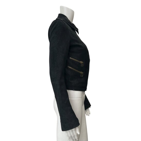 $1200 IRO Black Leather Slim Crop Zip Collared Moto Jacket size 0 - Picture 5 of 9
